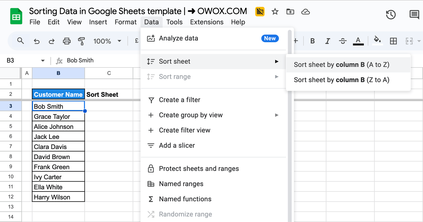 The sorting option in Google Sheets is applied, arranging the dataset alphabetically by the “Customer Name” column. i-border