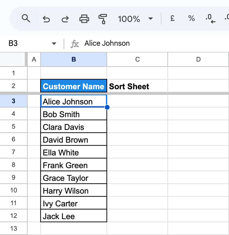 The final sorted dataset in Google Sheets, displaying customer names in ascending alphabetical order, with “Alice Johnson” appearing first and “Jack Lee” last. i-border