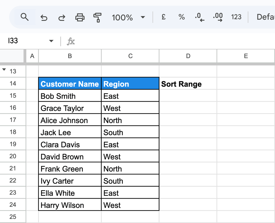 A dataset in Google Sheets with “Customer Name” in column B and “Region” in column C, preparing for sorting. i-border