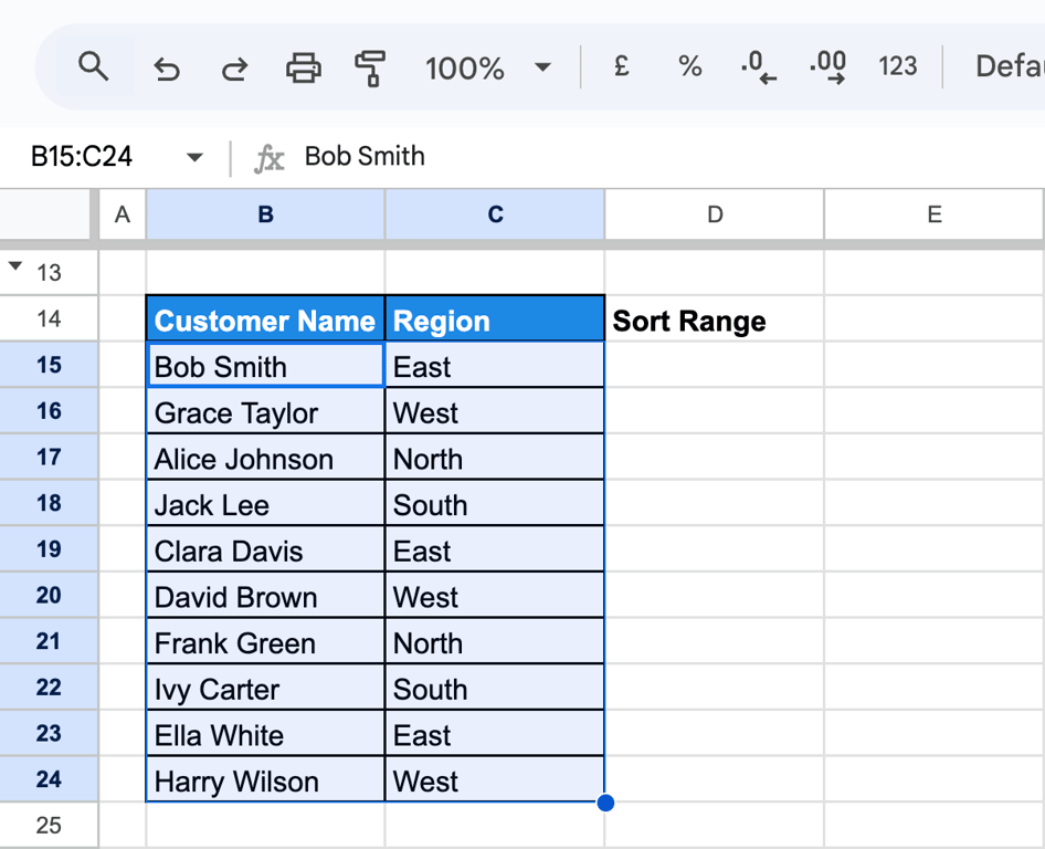A selected range in Google Sheets from B15 to C24, excluding the header row, highlighted for sorting. i-border