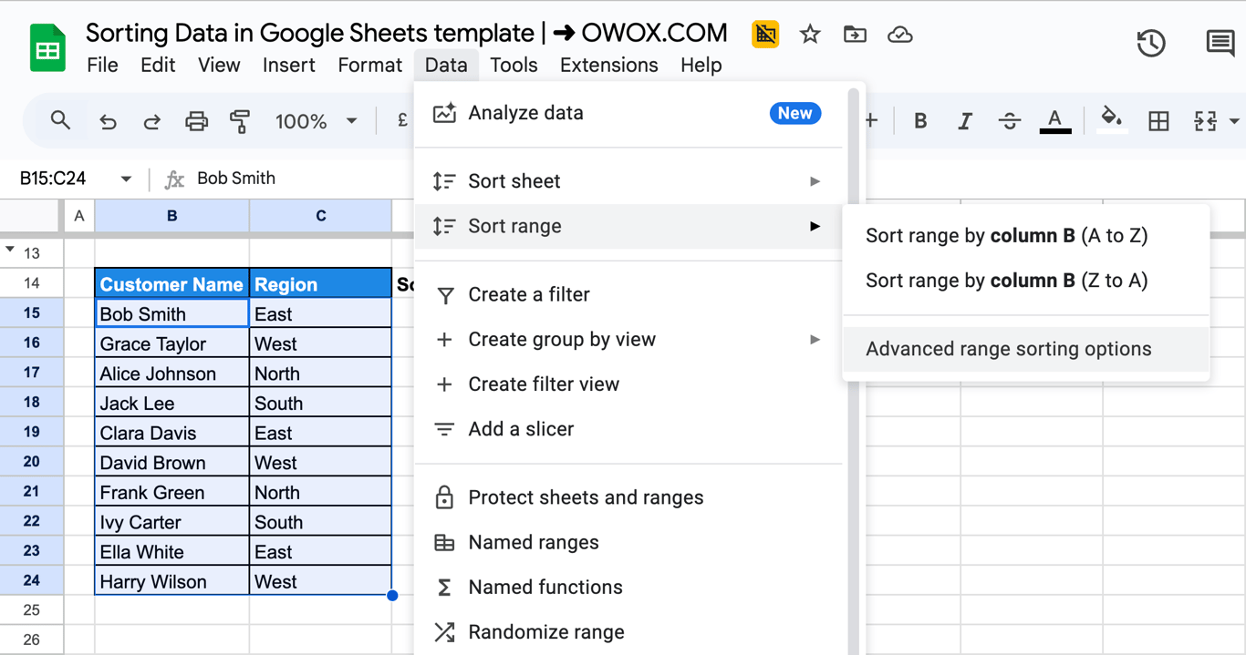 The “Sort range” dialog box in Google Sheets, showing advanced sorting settings. i-border