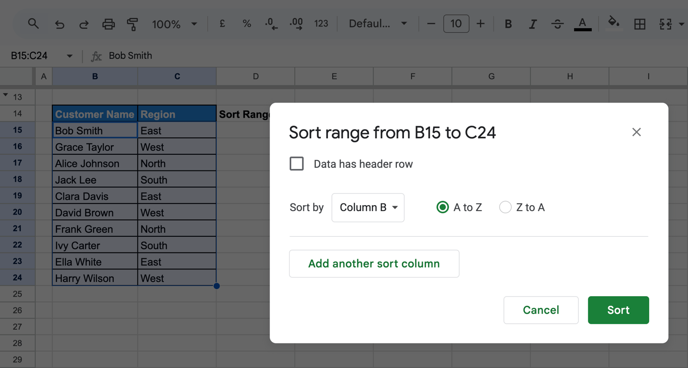 The “Sort range options” dialog in Google Sheets with “Customer Name” selected as the sorting column in ascending order (A-Z).