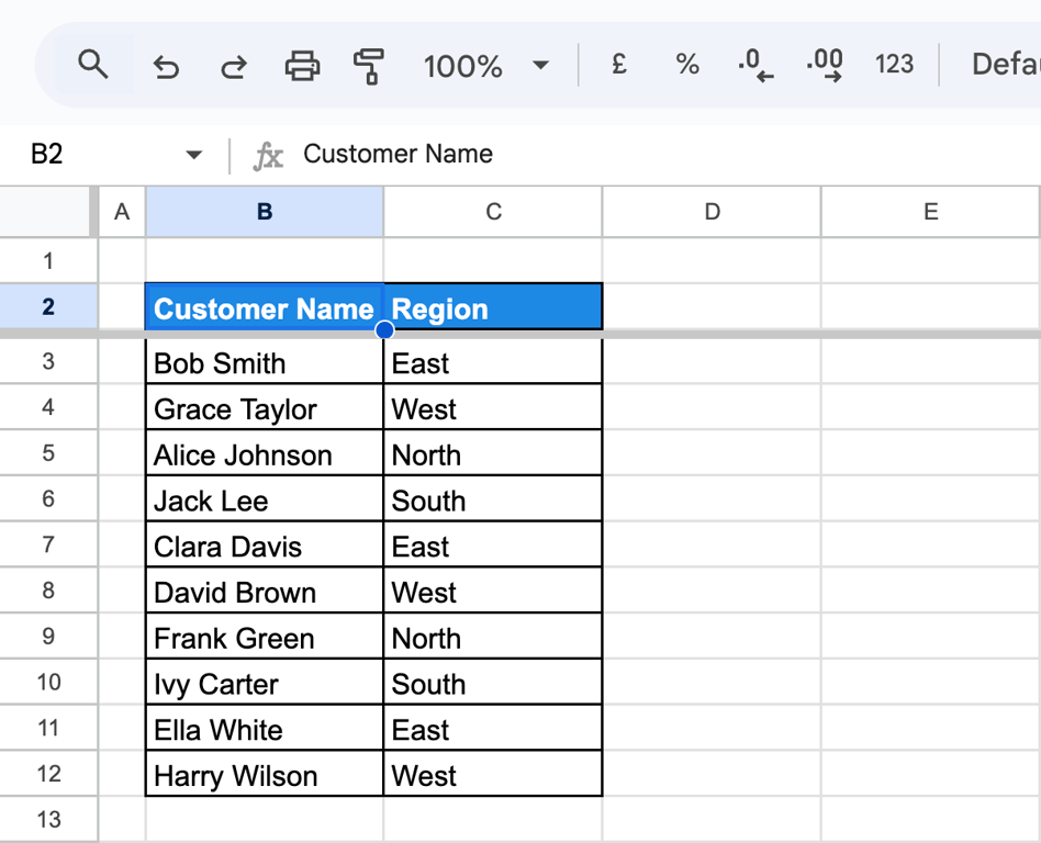 A dataset in Google Sheets with “Customer Name” in column B and “Region” in column C, preparing for sorting. i-border