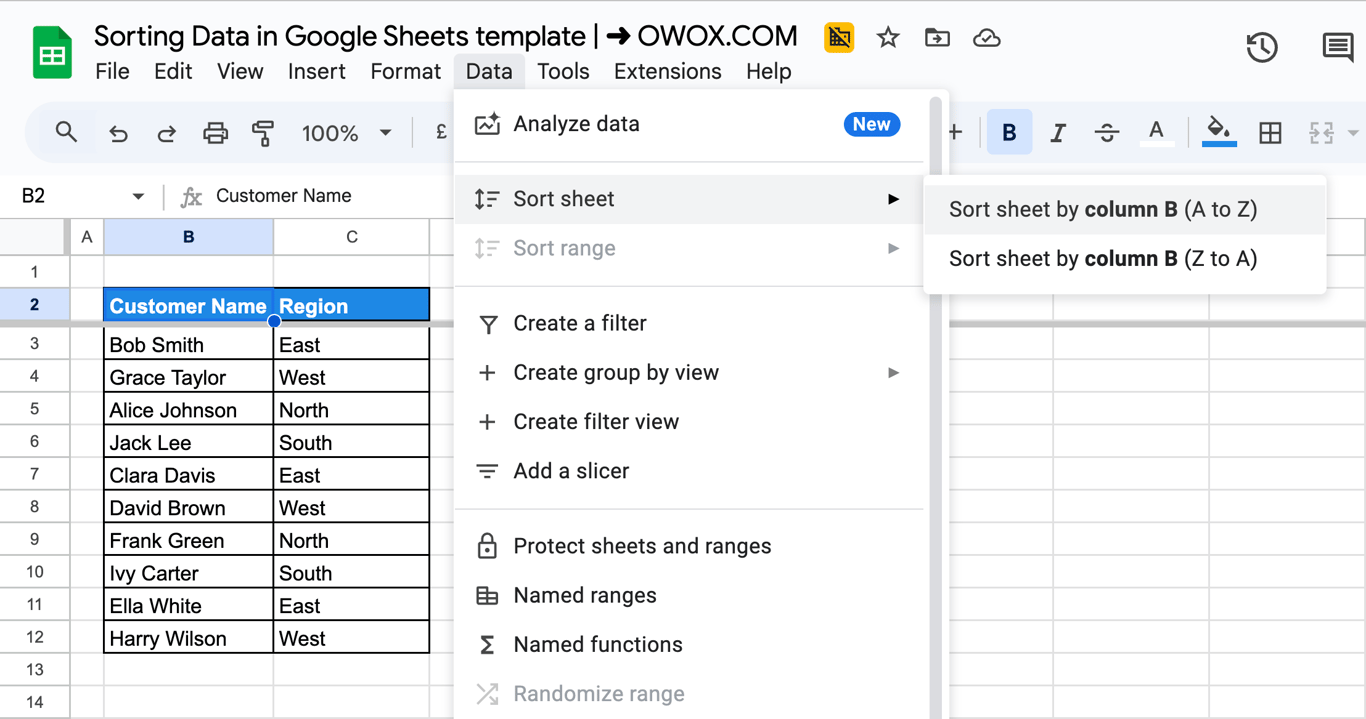 The Google Sheets Data menu open, displaying sorting options, with “Sort Sheet by Column A (A-Z)” selected. i-border
