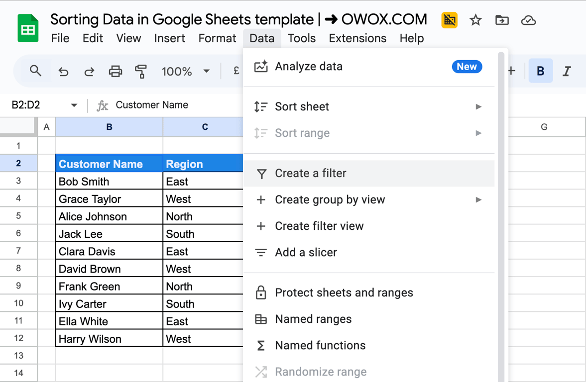 Google Sheets interface with the “Create a Filter” option enabled, adding filter icons to column headers. i-border