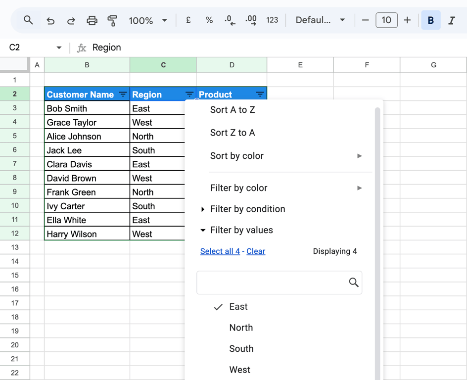 The filter menu in Google Sheets with checkboxes for all region values, keeping only “East” selected. i-border