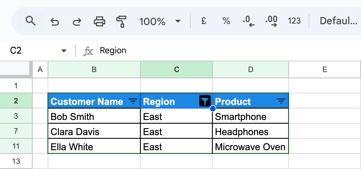 The dataset now filtered to show only records from the “East” region. i-border