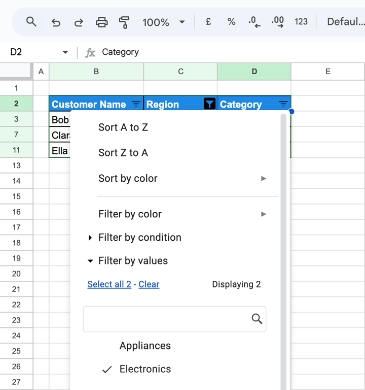 The filter menu in Google Sheets with checkboxes for all category values, keeping only “Electronics” selected. i-border