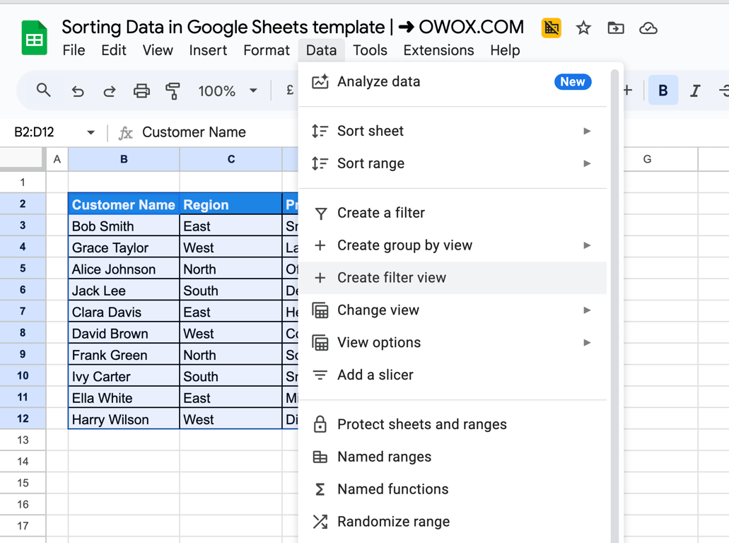 Google Sheets interface showing the Data menu open, with “Create Filter View” selected. i-border