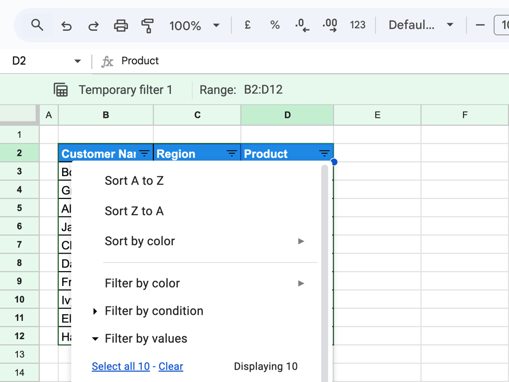 The Filter View menu in Google Sheets displaying sorting options, with “Sort A to Z” selected to arrange products alphabetically. i-border
