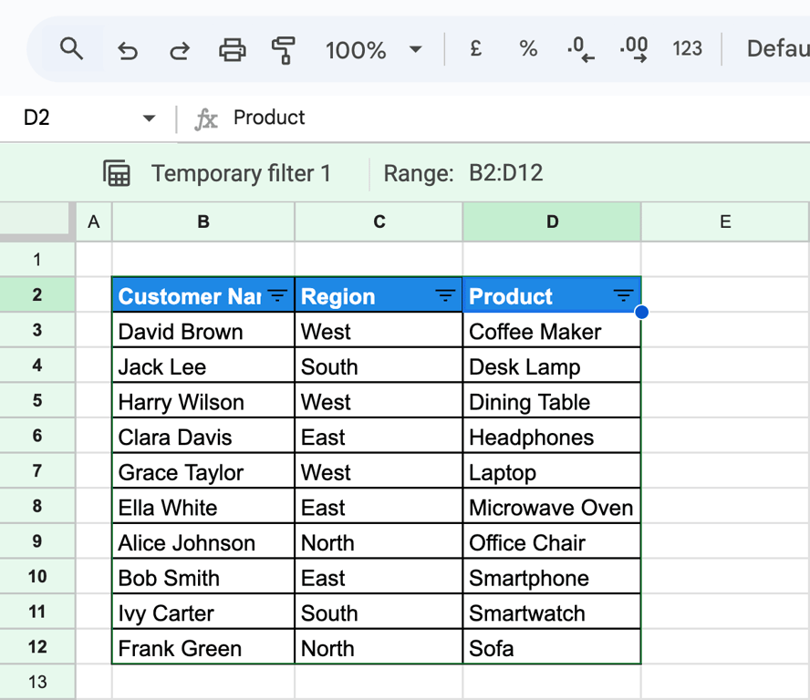 The dataset in Google Sheets sorted alphabetically by “Product” within the Filter View. i-border