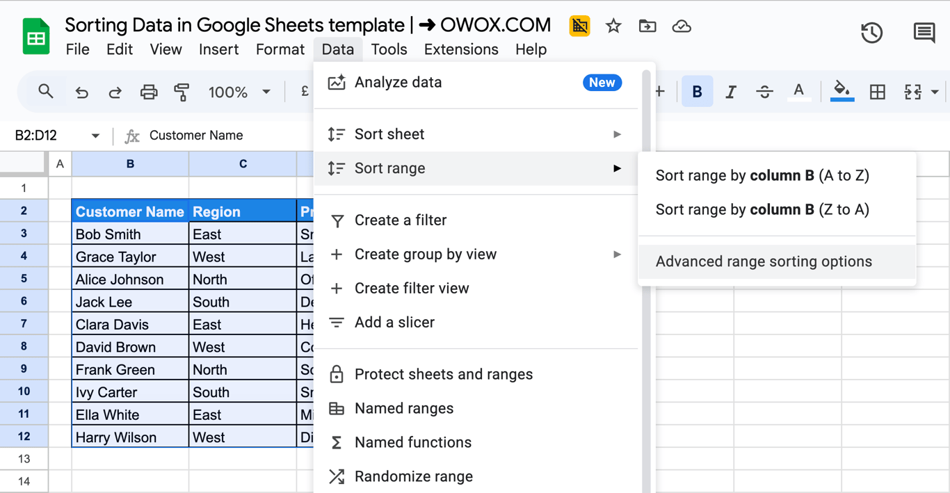 The Google Sheets interface displaying the sorting menu, with “Sort range” and “Advanced range sorting options” selected. i-border