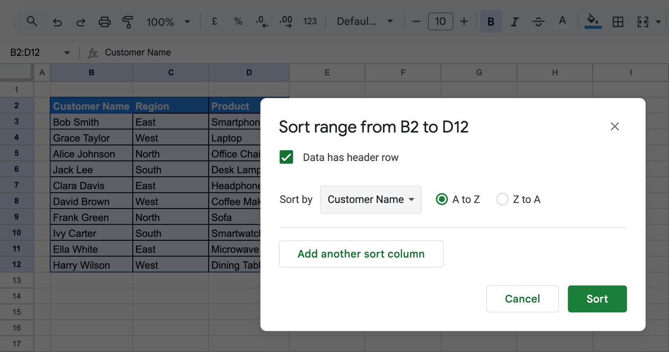 The sorting dialog box in Google Sheets with the “Data has header row” option checked, ensuring headers remain unchanged.