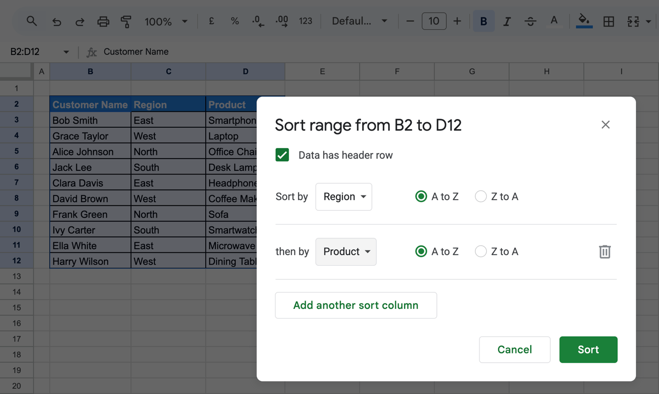 Sorting dialog box showing an additional sorting condition, with “Product” selected as the secondary column.