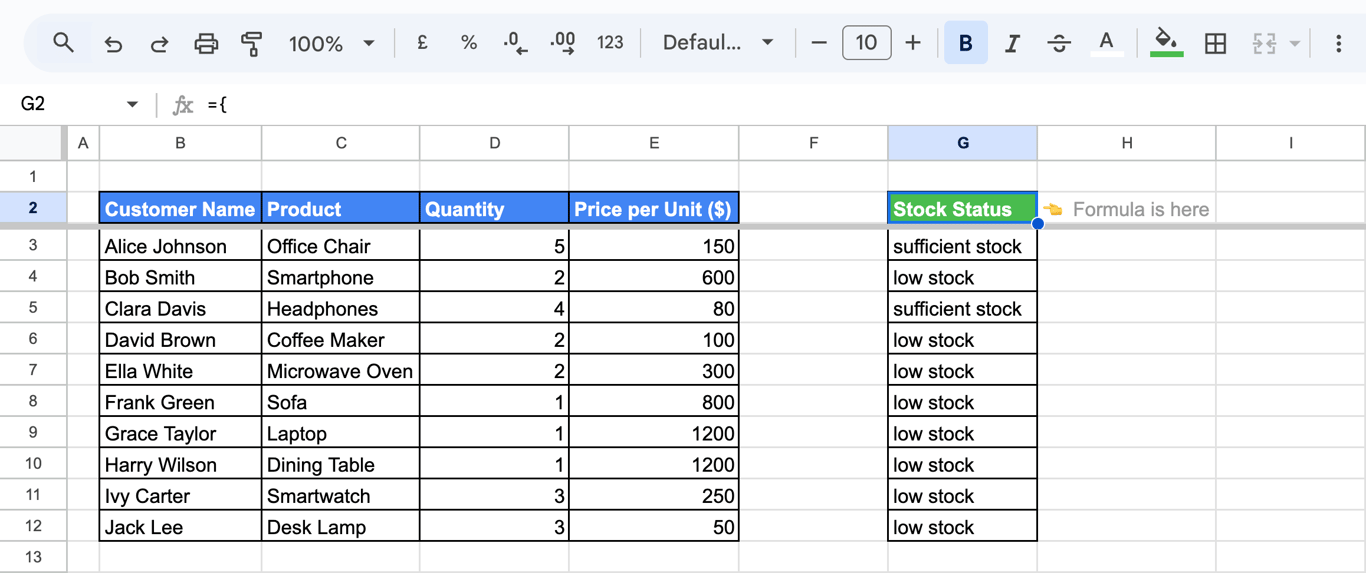 Using ARRAYFORMULA to sort products which are categorized as “Out of stock,” “Low stock,” or “Sufficient stock” based on quantity values. i-border