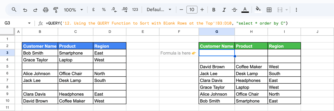 Using the QUERY function, with blank rows appearing at the top while the rest of the data is arranged alphabetically. i-border
