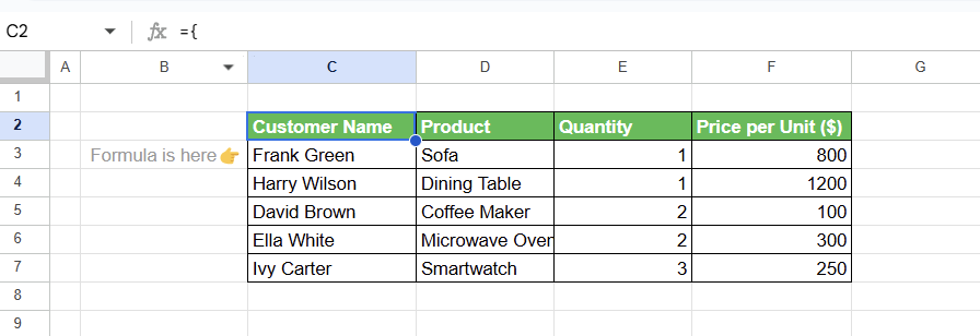 The SORT function applied in cell B2 to sort the second chunk of the dataset based on “Quantity” in ascending order. i-border