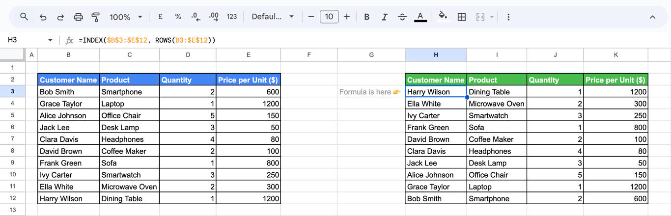 Reversing Rows dynamically using the INDEX and ROWS functions, displaying data from the last row to the first while maintaining column headers. i-border