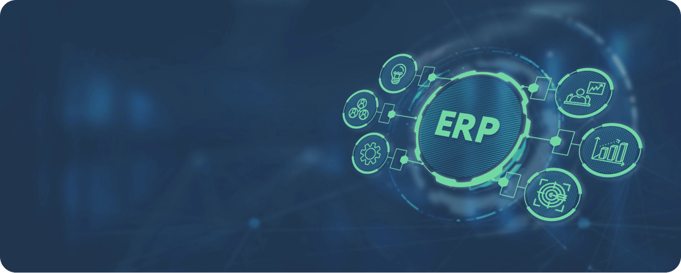 An ERP system integrating core business processes like analytics, operations, and resource management through interconnected digital components. i-radius i-shadow