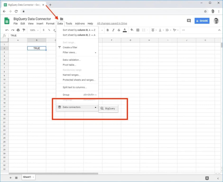 Google Sheets interface showing the BigQuery Data Connector option under the Data menu, highlighting how to link Sheets with BigQuery.  i-shadow
