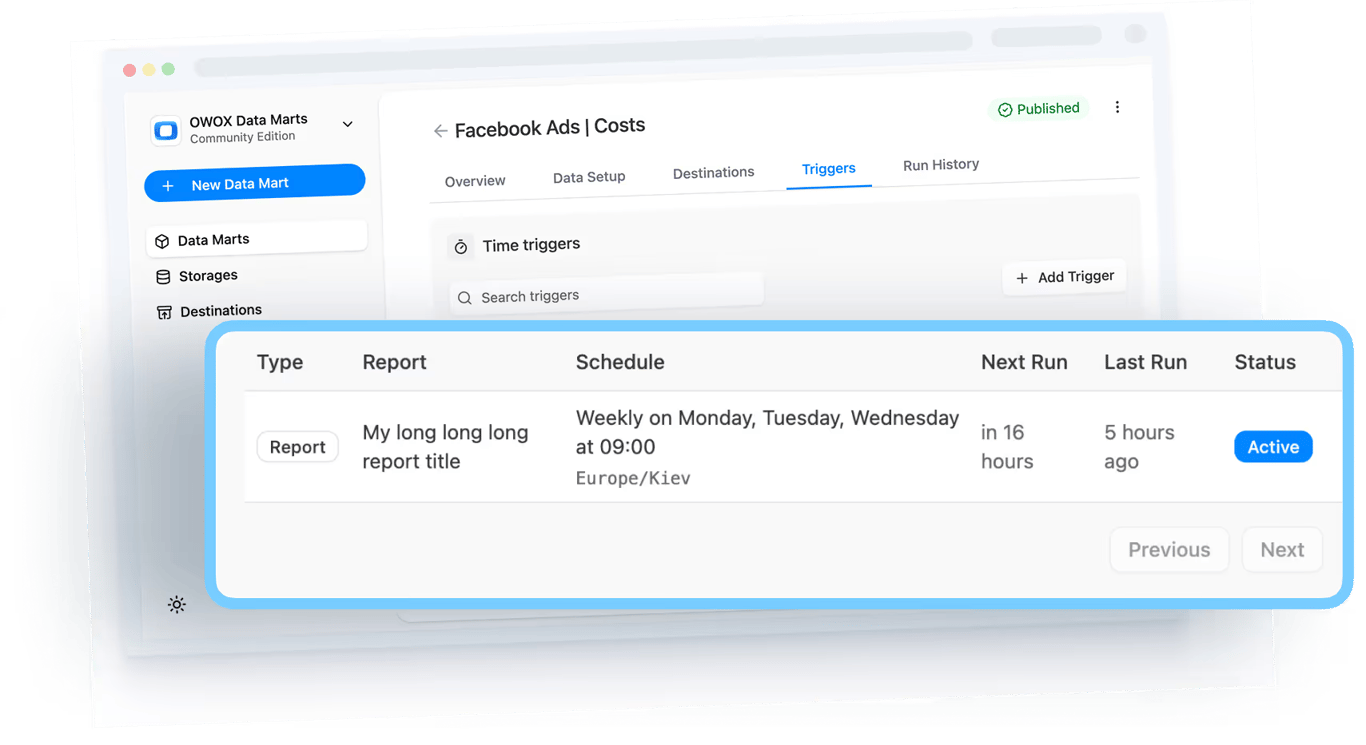 OWOX Data Marts interface showing event schema fields with columns for event ID, name, date, client ID, and page ID.
