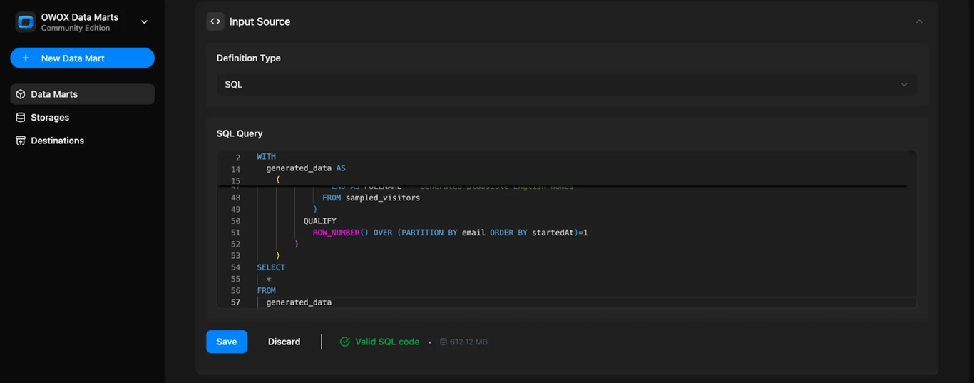 OWOX Data Marts interface showing an SQL query being saved as a reusable logic block for consistent and governed reporting. i-shadow