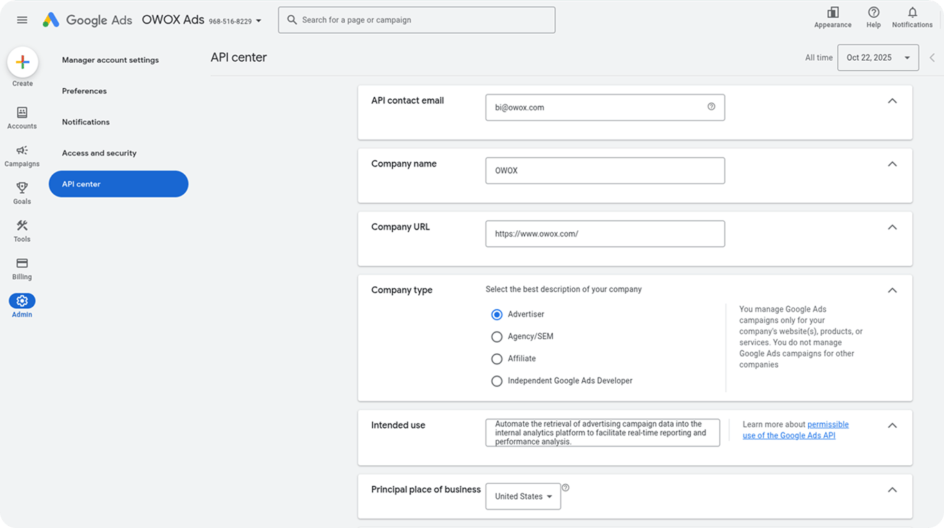 Google Ads API Center form showing fields for API Contact Email, Company Name, Intended Use, and Create Token button highlighted. i-shadow i-radius