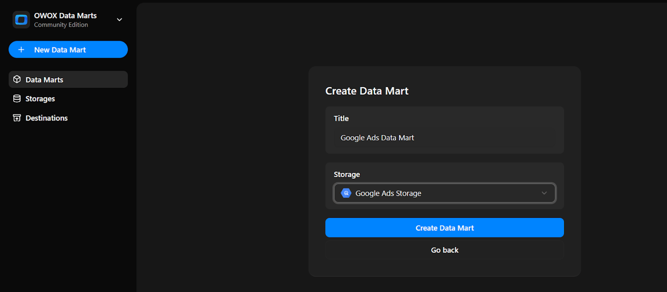 Create Data Mart screen with title set to “Google Ads Data Mart” and storage selected as “Google Ads Storage”. i-shadow