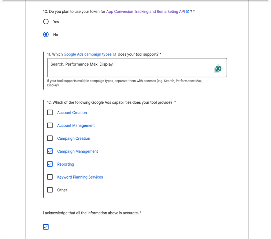 Google Ads API Basic Access request form with Campaign Management and Reporting capabilities selected. i-shadow  i-radius