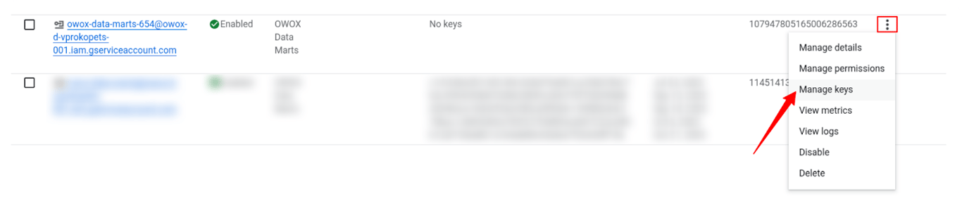 Google Cloud Console showing IAM & Admin section with “Create Service Account” and “Create New Key” options highlighted. i-shadow