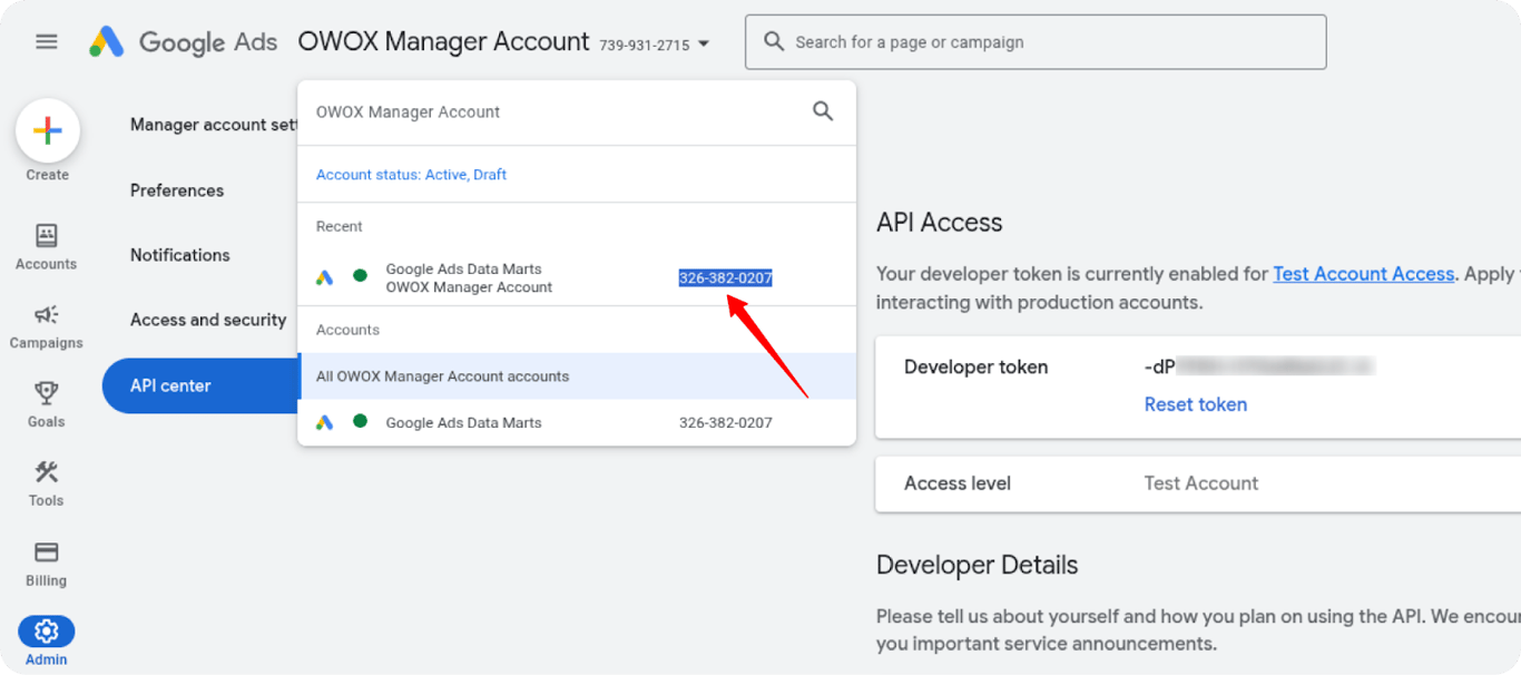 Google Ads dashboard highlighting Developer Token in API Center and Customer ID in the account header. i-shadow  i-radius 