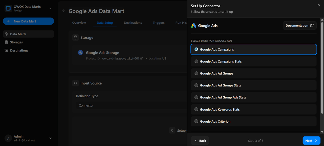 Node selection menu for Google Ads with options like Google Ads Campaigns. i-shadow