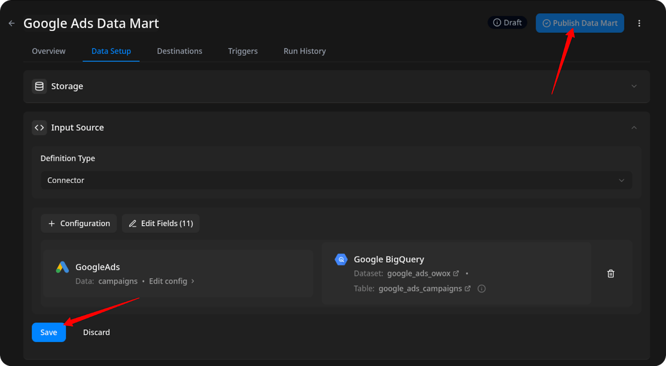 OWOX Data Marts configuration screen showing successful mapping between Google Ads and BigQuery table with a Save and a Publish button. i-shadow  i-radius