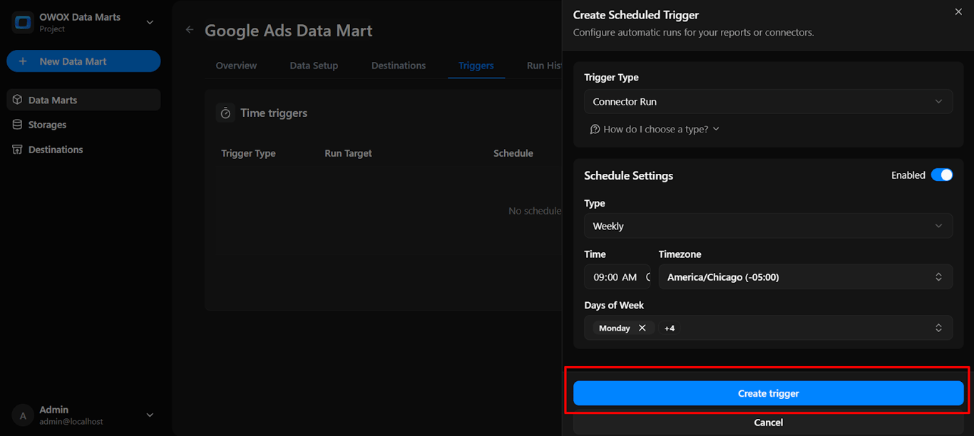 OWOX Data Marts time trigger setup showing schedule details and the ‘Create trigger’ button to automate data refresh based on the selected configuration.  i-shadow