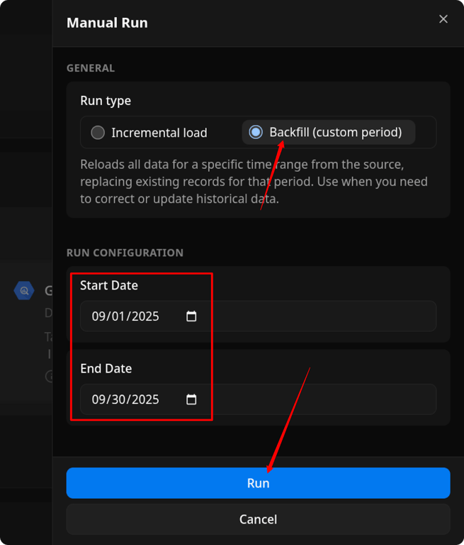 Manual Run configuration panel in OWOX Data Marts showing run type options and fields to set start and end dates. i-shadow  i-radius