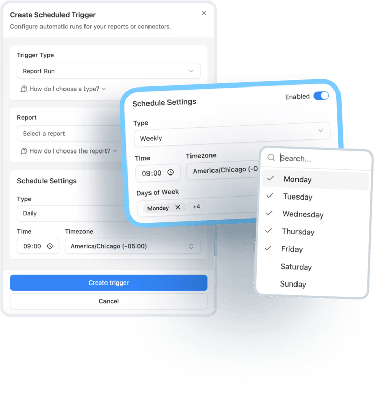 OWOX trigger setup screen showing options to schedule automatic data refreshes by day, time, and timezone for reports and connectors.