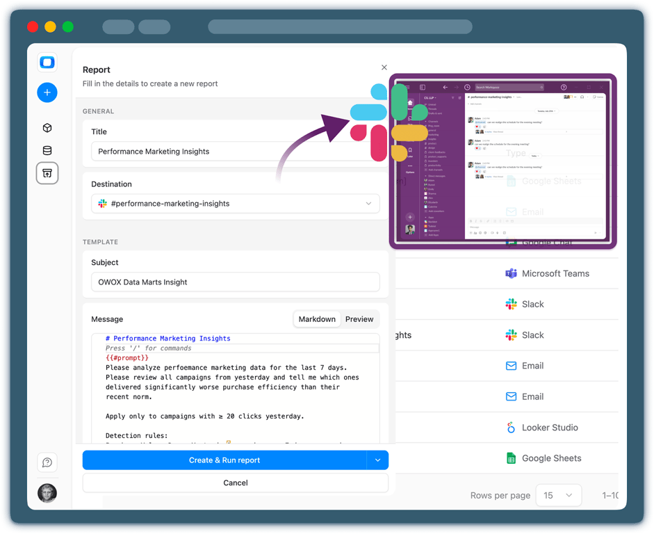 OWOX AI Insights interface showing an AI-generated marketing report created from governed Snowflake data marts and delivered to channels like Slack, Microsoft Teams, email, Looker Studio, and Google Sheets without inventing metrics.
