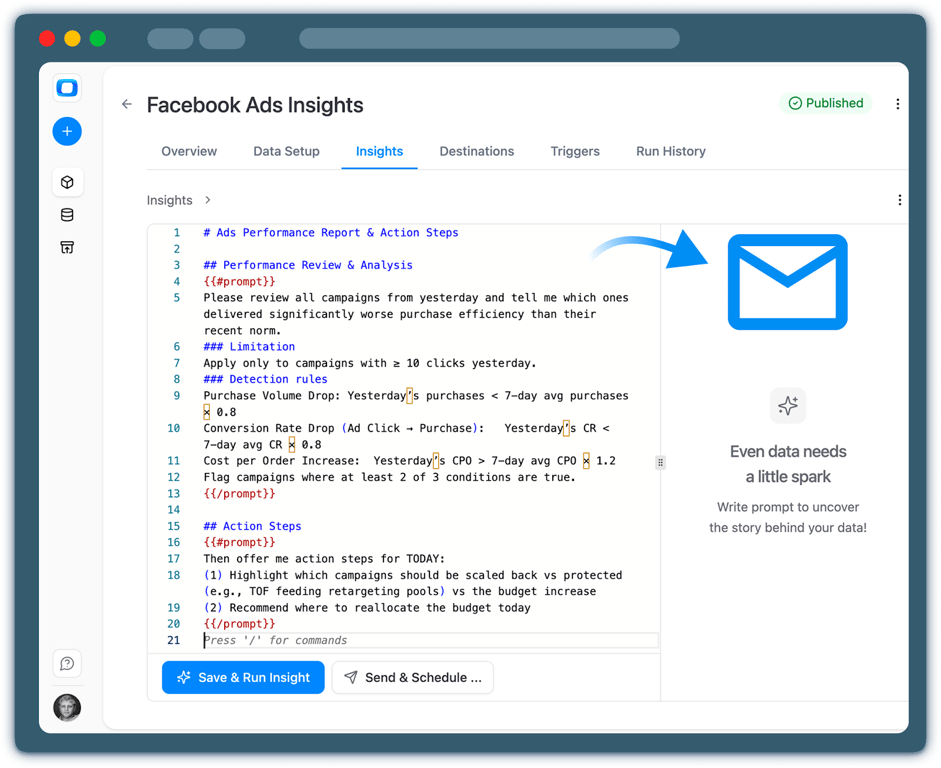 OWOX AI Insights interface showing team-specific prompts and alert rules for Facebook Ads performance, with scheduled insights generated from governed Snowflake data marts and delivered via email or collaboration tools.