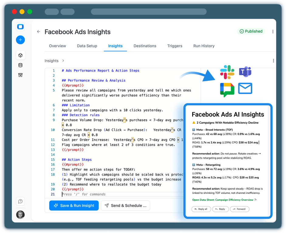 Diagram showing Facebook Ads data in Snowflake feeding AI-driven insights that automatically monitor performance metrics and deliver proactive alerts and recommendations to Slack, Teams, or email. i-radius