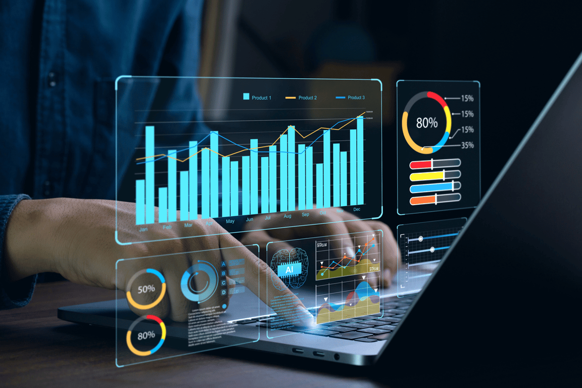 Fragmented ad data across platforms being visualized and manually matched to analyze campaign performance on a centralized dashboard. i-radius