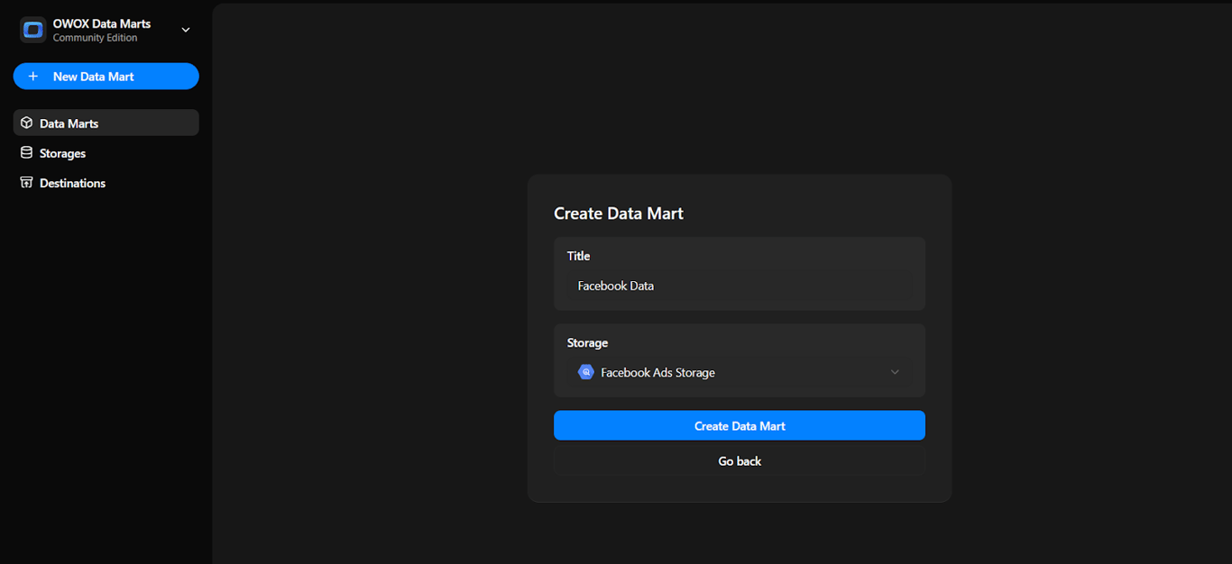 Create Data Mart screen with title set to “Facebook Data” and storage selected as “Facebook Ads Storage”. i-shadow