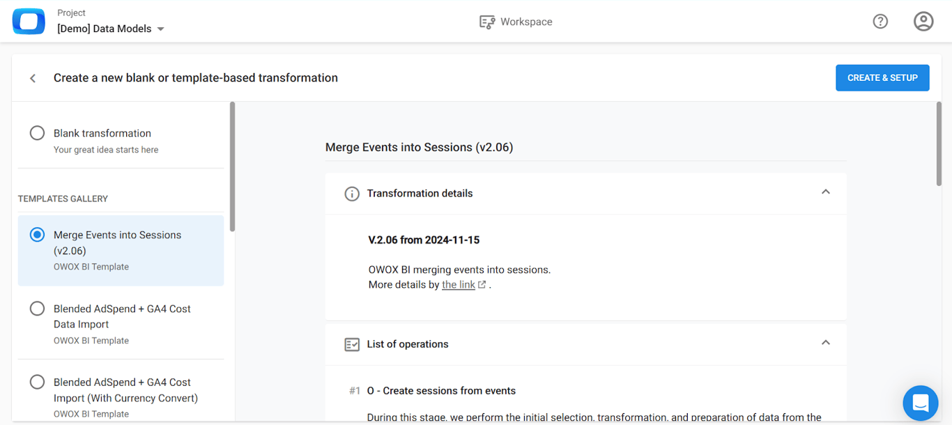  OWOX Merge Events into Sessions template with steps to convert GA4 events into sessions. i-shadow
