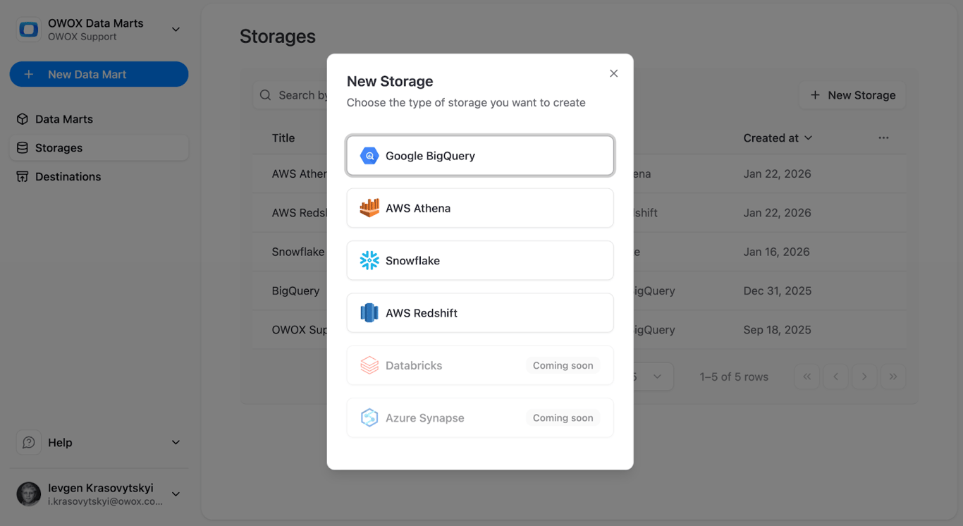 OWOX Data Marts interface showing the Storages section with the “New Storage” button selected to add a Snowflake warehouse connection for Microsoft Ads data ingestion. i-shadow