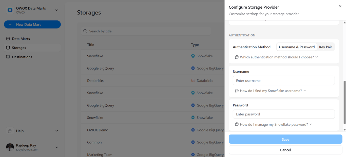 Authentication settings panel in OWOX Data Marts showing Snowflake username and password or key-based authentication options for secure Microsoft Ads data loading. i-shadow