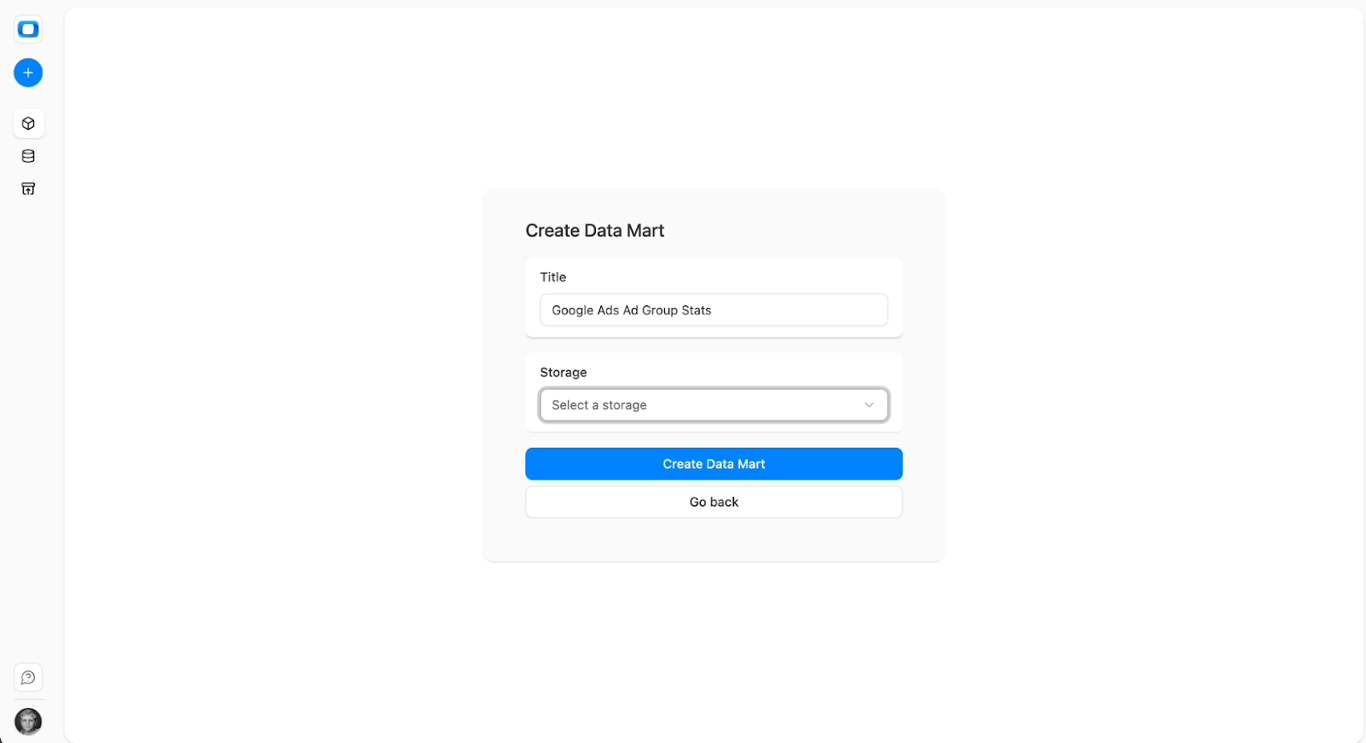 OWOX Data Marts interface showing creation of a new Google Ads Insights data mart with Snowflake selected as the data storage. i-shadow