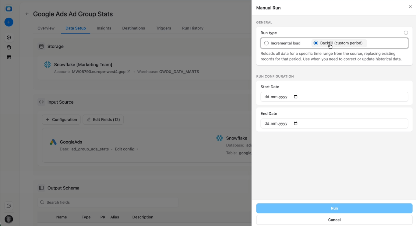 Manual run configuration panel in OWOX Data Marts showing backfill option for Google Ads data loading. i-shadow