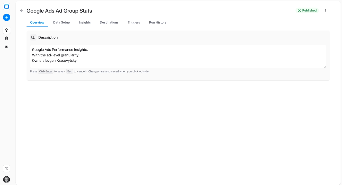 Overview tab in OWOX Data Marts showing the Description field used to document a Google Ads data mart configuration and ownership details. i-shadow