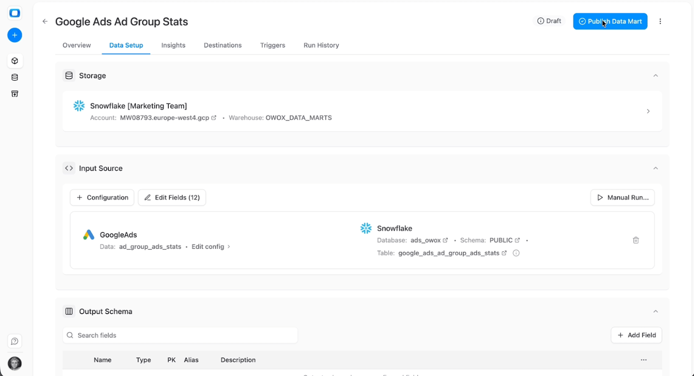 Snowflake destination configuration in OWOX Data Marts showing database, schema, and table setup for Google Ads data loading. i-shadow
