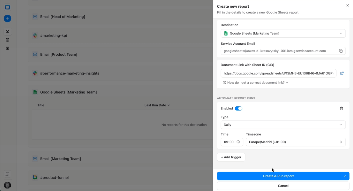 Google Sheets connected to Snowflake and automatically refreshed using a TikTok Ads data mart as the reporting source. i-shadow