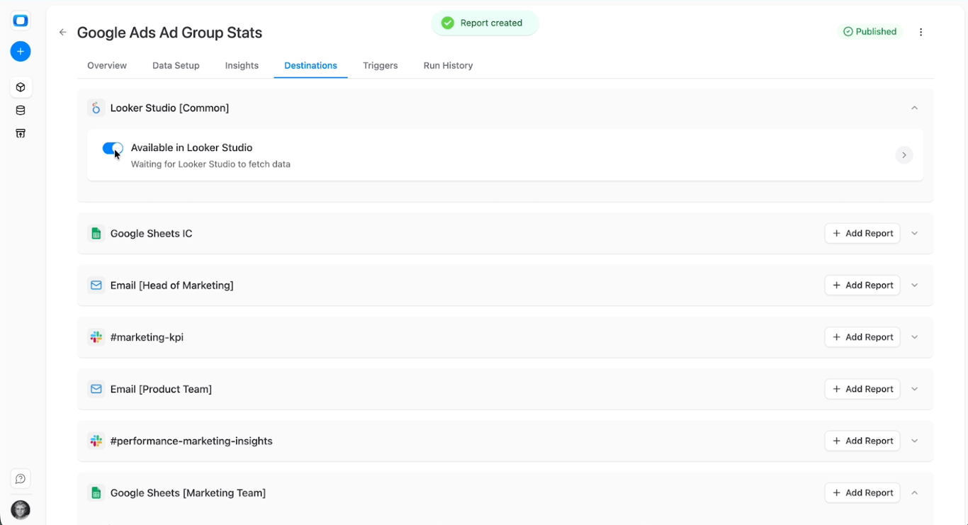 Looker Studio dashboard connected to Snowflake Google Ads data mart showing standardized cost, ROAS, and CPA metrics. i-shadow
